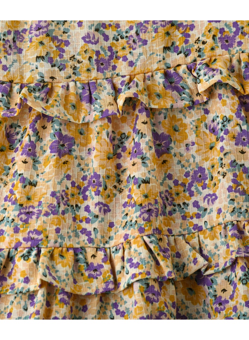 Jelliene Girls Yellow & Purple Floral Tiered Ruffle Dress - Image 3